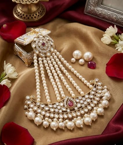 Image of Gold-Plated Head Passa Jewelry For Women Kundan Pearl Studded & Beaded Passa /Matha Patti Jhoomar Jewellery for Women & Girls