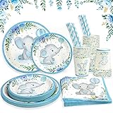 Boy Elephant Baby Shower Plates Set Decorations for 25 Guests,Paper Plate Napkins Cups and Straws...