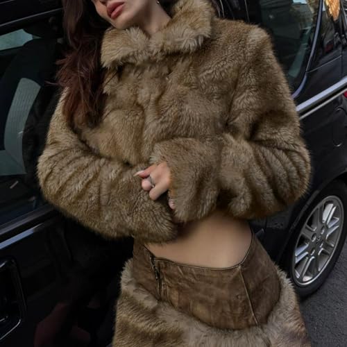 Brown Faux Fur Skirt Elastic Waist Zipper Front High Waist Slim Fit Elegant Winter Streetwear Mini Skirt3