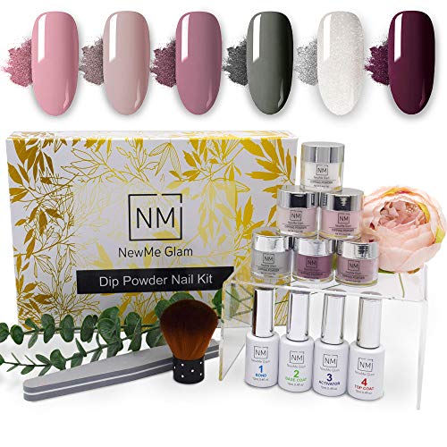 NewMe Glam Dip Powder Nail Starter Kit - Includes 6 dip powder colors, 4 piece dip liquid set and manicure tools - DIY nail dip powder kit for easy manicures at home - no UV lamp needed