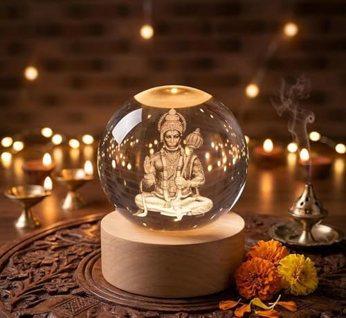 Image of 3D Hanuman Crystal Ball Night Lamp, Solar System Hanuman Crystal Ball Night Light, USB Table Colorful Led Wooden Crystel Ball for Home, Office, Birthday Gift (Hanuman).