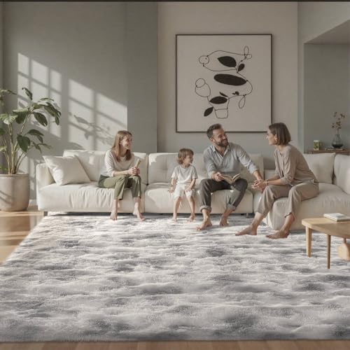 9x12 ft Rug for Living Room Fluffy Grey White Shag Rug Non-Slip Area Rugs Carpet for Bedroom Nursery Kids PlayRoom Dorm Office Indoor Modern Plush Carpets