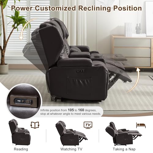 Image of DRMBOOK RV Power Loveseat Recliner Sofa, Faux Leather 3-Seater Wall Hugger Reclining Sofa, Home Theater Seating Chairs with Cup Holder, 3 Person Couch RV Furniture for Living Room, Brown
