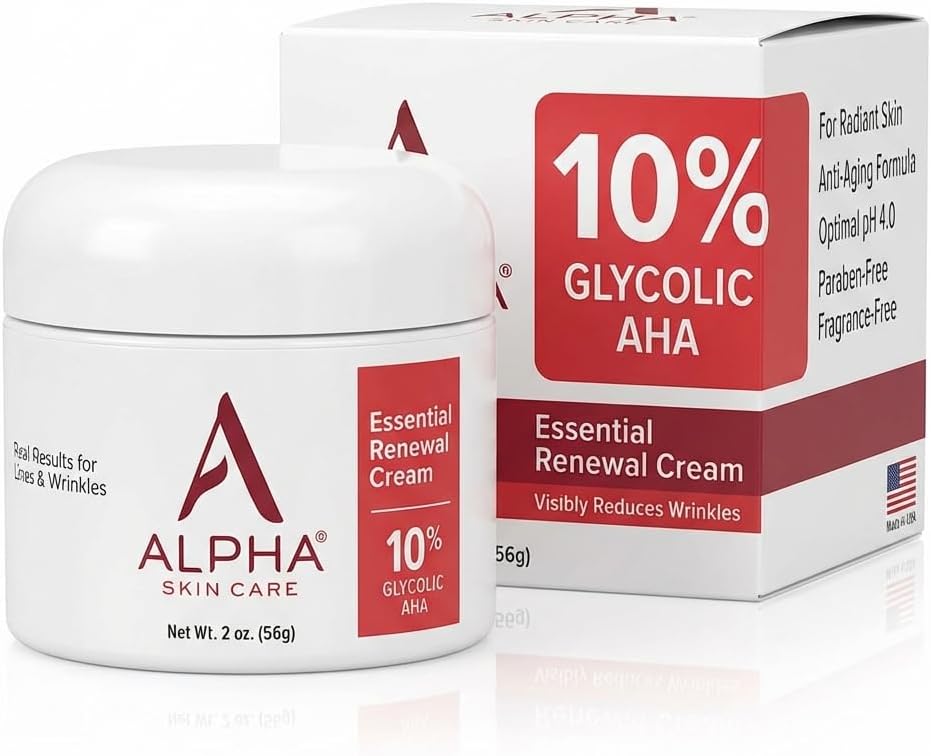 Skin Care Essential Renewal Cream, 10% Glycolic AHA, Anti-Aging Formula, Reduces Lines & Wrinkles, Alpha Hydroxy Acid Exfoliates for Smoother Skin, Normal, Sensitive or Dry Skin, 2 Oz
