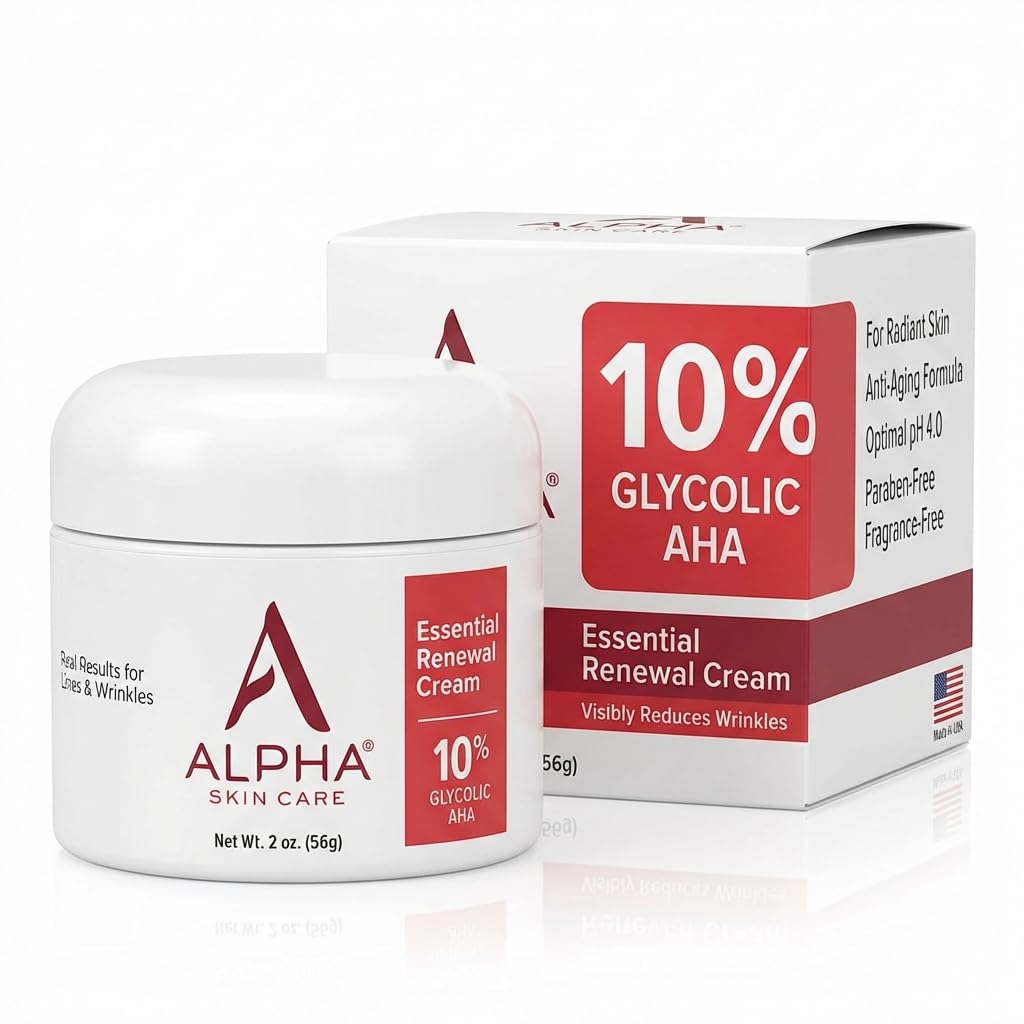 Alpha Skin Care Essential Renewal Cream, 10% Glycolic AHA, Anti-Aging Formula, Reduces Lines & Wrinkles, Alpha Hydroxy Acid Exfoliates for Smoother Skin, Normal, Sensitive or Dry Skin, 2 Oz
