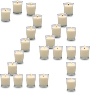 Set of 24 White Votive Candles for Home Décor Weddings Holidays Party and DIY, Unscented Soy Wax Candle Filled in Clear Glass