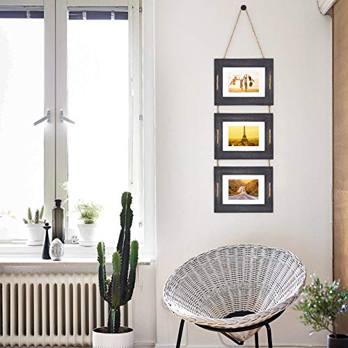 Dlquarts 5X7 Hanging Picture Frames Collage Wall Decor, 3-Opening Photo Frames 5X7 Without Mat & 3.5X5 With Mat, Rustic Wood 3-Frame, Weathered Black #TOP6