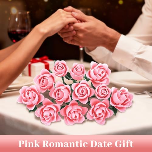 Image of Pink Roses Flower Bouquet Building Set, Artificial Flowers Botanical Collection Compatible with Lego Flowers for Adults Christmas Anniversary Valentines Day Gifts