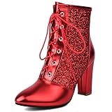  Gicoiz Bride Hiver Warm Pointu Elegant Sequins Bottes de Cheville Mariage Mode Bloc Hauts Bottes Military Biker Bottines Robe Rouge Taille 38 EU-39Cn