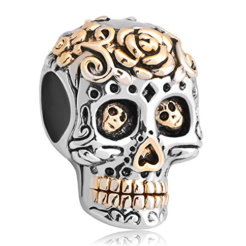 Q&Locket Gold Plate Flower Dia De Los Skull Charms for Bracelet