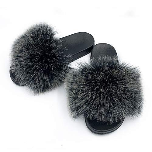 Image of Women's Faux Fur Slides Slippers Fluffy Fuzzy Sandals Open Toe Furry Slide Flip Flop Indoor Outdoor