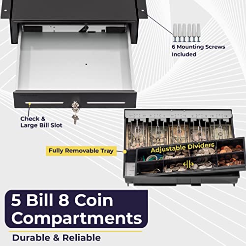 Cash Register Drawer With Under Counter Mounting Metal Bracket - 16” Black Cash Drawer For Pos, 5 Bill 8 Coin Compartment, Fully Removable 2 Tier Cash Tray,  24V Rj11/Rj12 Key-Lock, Double Media Slot #TOP2