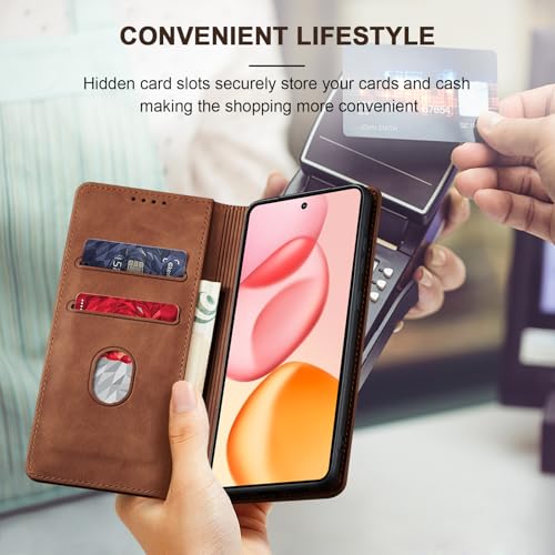 Image of Jasonyu Cover for Honor 400 Flip PU Leather Case, Book Wallet Cover, Stand Function, Magnetic, Card Slots, TPU Bumper Case (Brown)