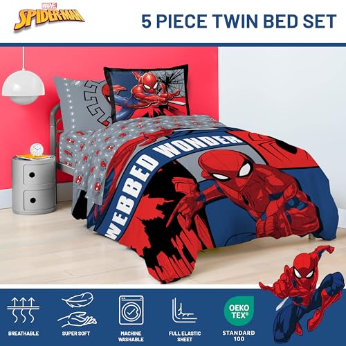 Image of Marvel Spiderman Twin Comforter Set 5 Piece Kids Bedding for Boys, Multi | Bed in a Bag, Comforter Sheets Sham Pillowcase, Official Product, Soft Microfiber, Machine Washable, Easy Care, Boys Gift