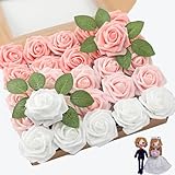 Gankar Blush Pink Artificial Roses 25pcs, Real Looking Blush Pink Foam Fake Roses with Stems for Wedding Bouquets, Pink Roses Artificial Flowers for Bridal Shower Birthday Decor