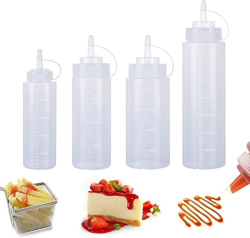 Juego de botellas de plástico blanco de 4 tamaños, botellas de 8 onzas para condimentos, botella multiusos para ketchup, aceite, mermelada, salsa de