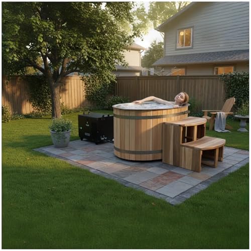 Wooden Ice Bath Barrel Tub for 2 Person, 1HP Chiller, Red Cedar Cold Plunge Tub, ETL Certificate,500L, Cooling and Heating, 304 Stainless Steel Base- Filter - Ozone/UV/WiFi, 110-120V (37-107℉)