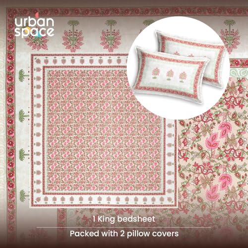 Image of Urban Space 100% Cotton Jaipuri Handblock Printed Double Size Bedsheet with 2 Pillow Covers, 200 TC Cotton Double Bedsheet (90 x 100 Inches, Noor Mahal Pink)