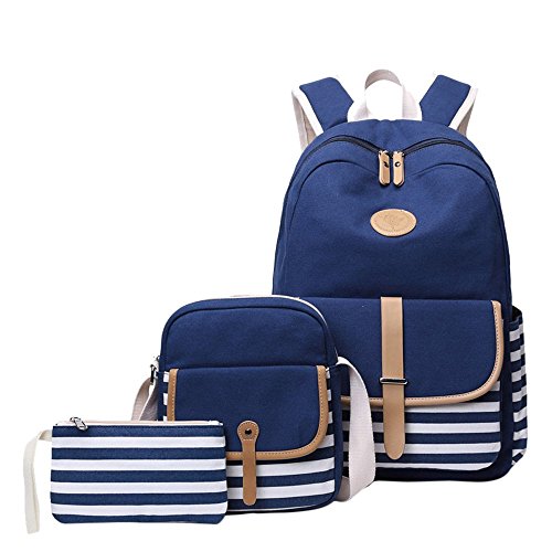 Preisvergleich Produktbild Mädchen Schulrucksack Umhängetasche und Geldbeutel 3 Tasche Set Große Kapazität Segeltuch Schultasche für Schule Outdoor Camping Ausflug(Dunkelblau)