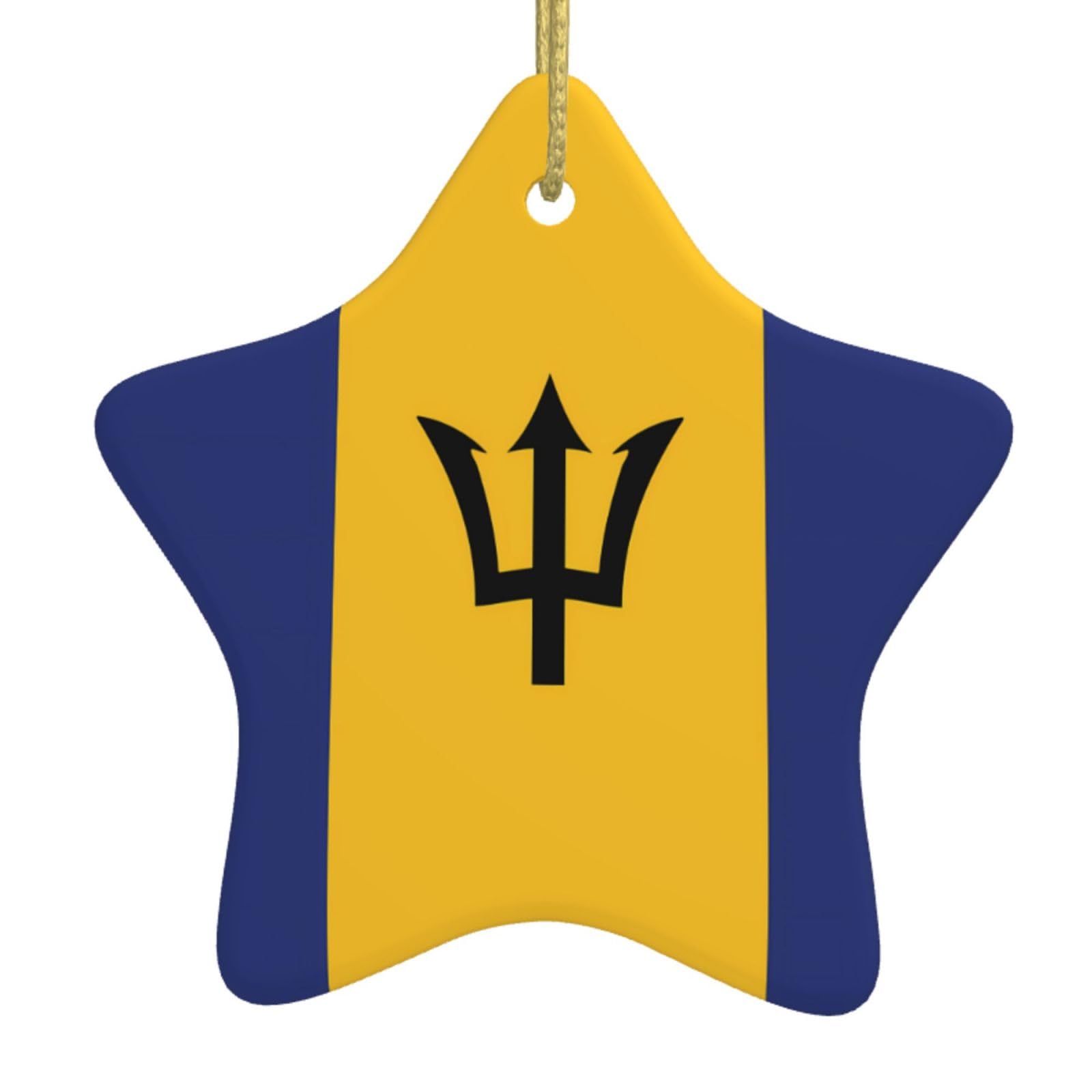 Flag of Barbados Christmas Ceramic Star Pendant with Punched Holes and Gold Wire Rope, Christmas Tree Home Decoration