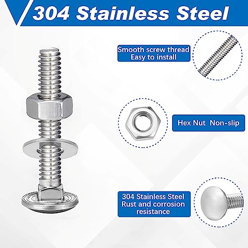 Image of Zonon 25 Sets 1 /4-20 x 1-1 /2 inch Stainless Steel Carriage Bolts and Nuts Kit Round Head Square Neck Carriage Bolts Screws and Hex Nuts and Flat Washers, Stainless 18-8 Full Thread Coverage (Silver)