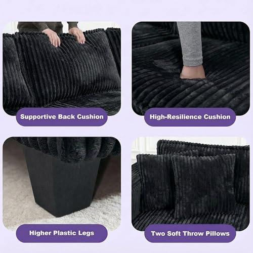 Image of 126 inch L Shaped Sectional Couch, Comfy Corduroy Sectional Couch, Modular Convertible V Shaped Couch, 5 Seat Corner Sofa with 2 Pillows & Storage Armrests for Living Room, Black