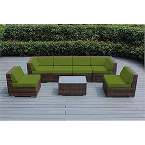 Ohana 7 piece outdoor patio furniture sectional conversation set mixed brown wicker with peridot cushions no assembly with free patio cover  urban country home decor