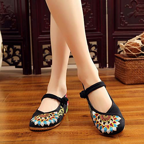 Floral Handmade Embroidered Shoes for Women Comfortable Loafer Black Casual Round Toe Mary Jane Ballet Flats Shoes3