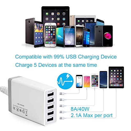 Bamboo Charging Station for Multiple Devices with 5 Port USB Charger, 5 Charger Cables and Apple Watch Stand. Wood Desktop Dock Stations Electronic Organizer for Cell Phone, Tablet, Watch, Office
