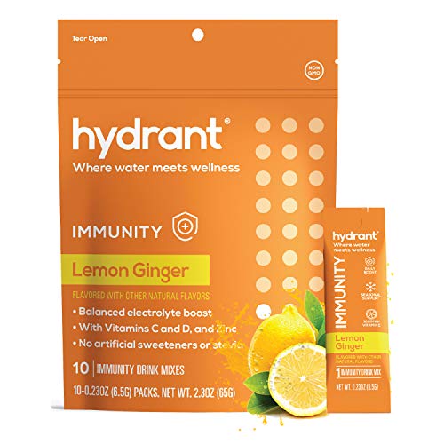 Hydrant Immunity Vitamin C Powder Drink - Electrolyte Powder w/ Vitamin C and Zinc - Lemon Ginger Flavor Hydration Powder - Vitamin C Packets | 10 Count (Pack of 1)
