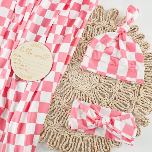 Image of TANOFAR 4-Pack Newborn Swaddle Blanket for Baby Girls & Boys, Ultra Soft Receiving Blankets with Matching Headband and Beanie Set Baby Nursery Swaddle Wrap, Pink Checkerboard