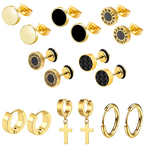 Epoch World Pack de 8 Pares Acero Inoxidable Aretes Hombre Oro Pendientes Aro Hombre Pendientes Mujer Dorados Pendientes Cruz Colgantes Pendientes Boton Hombre Mujer Pequeños