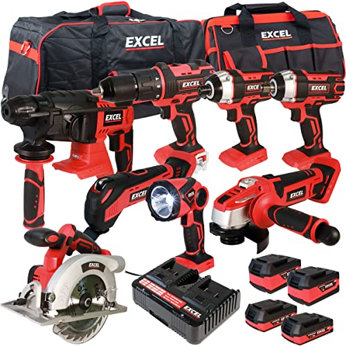 Excel 18V 8 Piece Cordless Li-ion Power Tool Kit with 4 x Batteries & Charger in Bag EXL9015 - Monster Power Tool Kit - Combo Kit - 18V Cordless Power Tool Kits - Mega Power Tool
