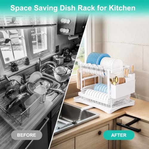 Image of HomeCloud 2-Tier Kitchen Dish Drying Rack & Drainer | Large Capacity Dish Stand with 360 Flexible Drainage System, Removable Drip Tray, Cutlery Holder & Cup Organizer for Countertop (White )