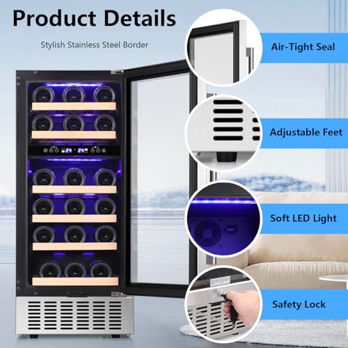 Antarctic Star Wine Fridge,15 Inch Wine Cooler Refrigerator Under Counter(41-68°F),28 Bottles Built-in Dual Zone &Freestanding Wine Refrigerator with Stainless Steel & Double-Layer Tempered Glass Door