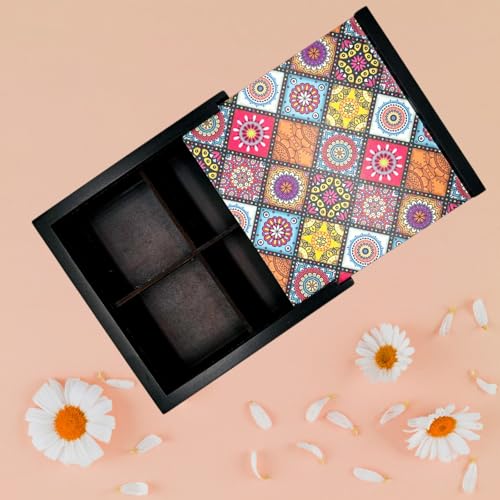 Image of wooden Dry fruit box Multipurpose 4 Section Handcrafted Large Size Square Dry Fruit Box for Diwali Gift, Food Storage, Spice Box AHS-DB0150