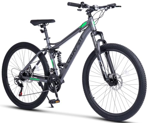 24 Zoll Fully Mountainbike für Jugendliche, 21-Gang Schaltung, Doppel-Scheibenbremsen, Doppelwandige Felgen, für 130-150 cm - Schwarz-Den grauen-Grün-Farbig (85% vormontiert)