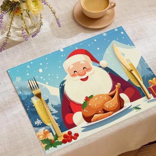Juego de 4 Mantel Individual de Papá Noel para Mesa de Comedor de Cocina, 45 x 30 cm, Manteles Individuales Pollo Asado Festín de Tela Lavable, Decoración de Mesa