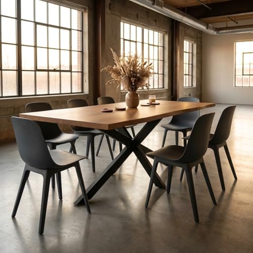 Bett11 Esstisch 200x100 cm Holz 40mm Eiche-Optik, Spider Gestell schwarz, Baumkantentisch aus Holz, Casa Massiva