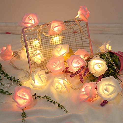 Kouamor 5ft/10ft/20ft Valentines Day Rose Lights, Red Pink White Rose String Lights with Battery, Valentines Decor Flower String Lights, Indoor Outdoor Home Party (White&Pink-5ft(Solid on))