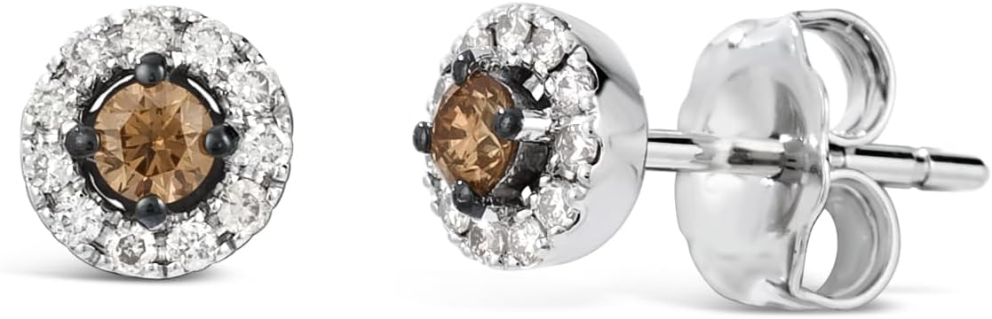 Le Vian 1/4 Carat White and Chocolate Round Halo Stud Earring for Women | 14k White Gold Earrings for Her with Classic Elegant Design (White/Brown, I1-I2, 0.23 cttw) Secure Push Back Studs