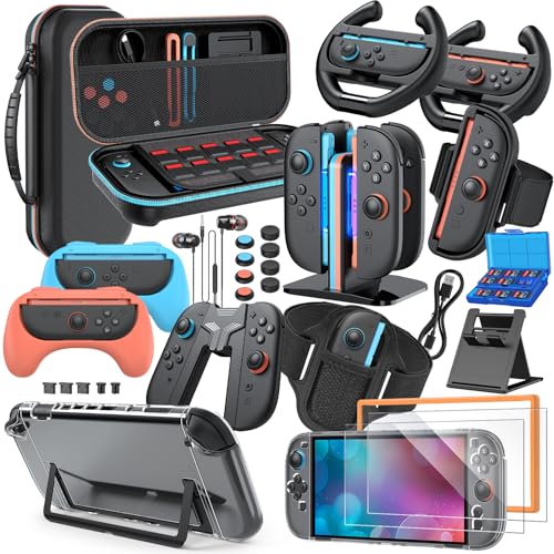 Switch 2 Zubehörset, 30-in-1 Kit für Nintendo Switch 2: Tragetasche, Controller-Ladestation, Griffe für JoyCon, Lenkräder, Handgelenkschlaufe, Beinschlaufe, Schutzhülle für Switch 2 Konsole,Schwarz