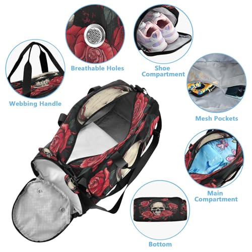 YETTASBIN Sport Travel Duffel Bag for Girls Boys, Skull Rose Large Waterproof Weekender Overnight Bag, Detachable Shoulder Strap Gym Bag with Shoe Compartment & Wet Pocket4