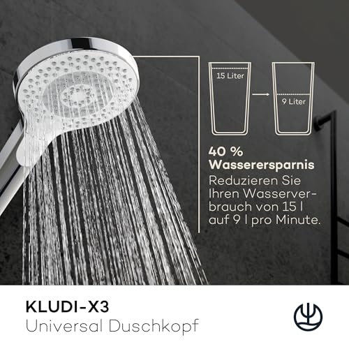 KLUDI-X3 Universal Duschkopf wassersparend als Option, Duschbrause mit 3 Strahlarten (Body, Hair, Skin), reinigungsfreundlicher Brausekopf Ø 11,7 cm, Shower Head, Chrom