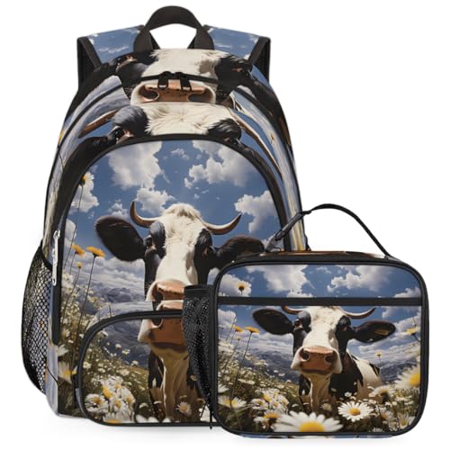 TropicalLife Cow Animals Daisy Backpack with Lunch Box Set, Back Pack and Lunch Bag Cow Animals Daisy Waterproof Casual Daypack Bag for Work Travel