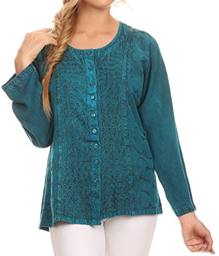 Image of Sakkas Fedella Deep Scoop Neck Long Sleeve Blouse Top with Adjustable Back Straps