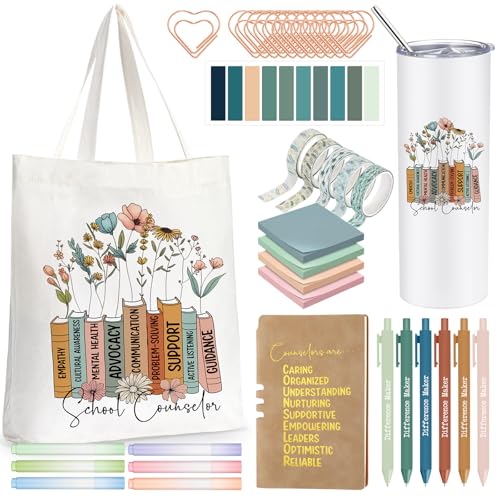 Geiserailie 35 Pcs Back to School Counselor Gifts Teacher Office Must Haves Appreciation Set for Women Include 20oz Tumbler Tote Bag Leather Notebook Pen Sticky Note Highlighter Paper Clip