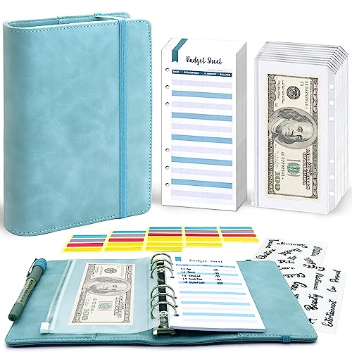Lintru Budget Binder With Zipper Envelopes, Money Organizer For Cash, Premium Pu Leather A6 Binder With Expense Budget Sheets And Stickers, Savings Binder For Budgeting (Cameo Blue) #TOP17