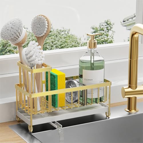 Image of Cisily Sponge Holder for Kitchen Sink, Sink Caddy Organizer with High Brush Holder, Kitchen Countertop Organizers and Storage Essentials, Rustproof 304 Stainless Steel (Gold, 9.25″)