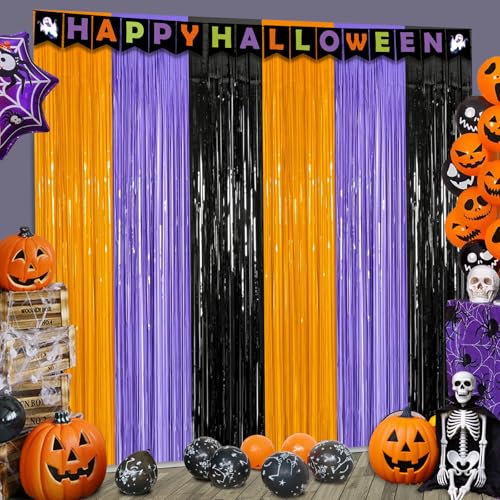 3 Packs 3.3ft x 6.6ft Orange Purple Black Metallic Tinsel Foil Fringe Curtains Photo Booth Props for Halloween Birthday Bridal Shower Baby Shower Bachelorette Holiday Celebration Party Decorations